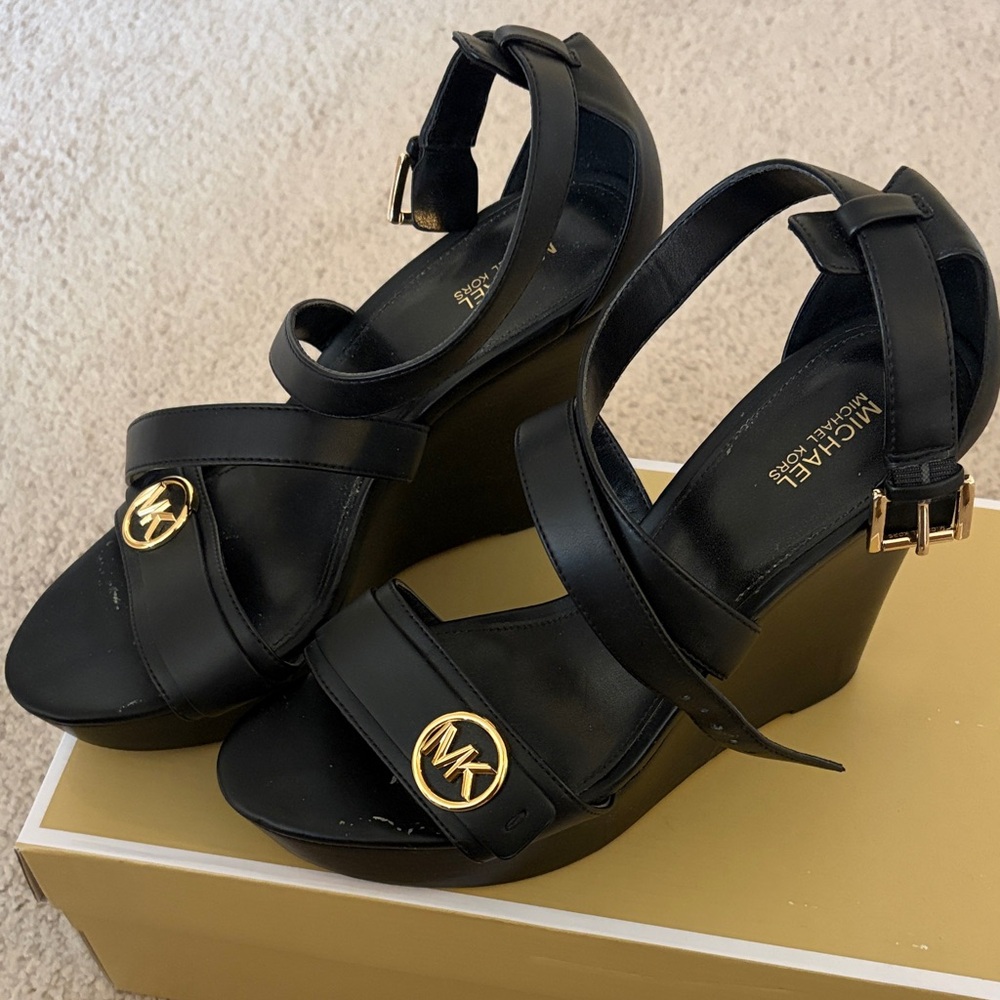Michael Kors Black and Gold Wedge Sandals